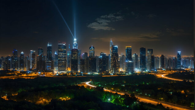 Photo real with nature theme for City at Night concept as A citys lights creating a dazzling display against the darkened landscape  ,Full depth of field, clean light, high quality ,include copy space