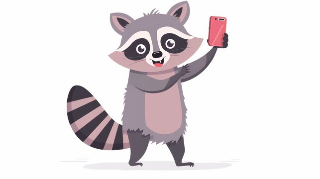 This raccoon is taking a video selfie and waving hello to the camera. A cute funny animal blogger with a smartphone. Racoon taking a photo with his smartphone. A flat graphic modern illustration