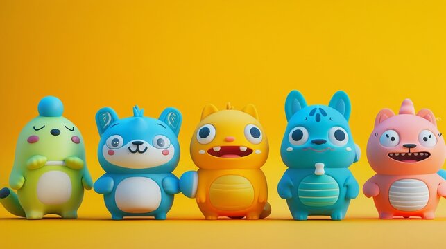Animated 3D cute characters with expressive toy faces, vibrant action poses on random color backgrounds