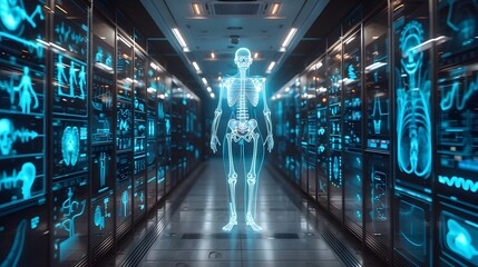 Futuristic fullbody digital health scan displaying skeleton for medical screenings utilizing AI to detect health conditions. Concept Medical Screenings, Futuristic Technology, Digital Health Scan - obrazy, fototapety, plakaty