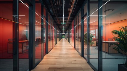Modern Office with Glass Partitions Creating Individual Workspaces