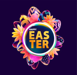 Easter colorful poster with eggs, flower and circle frame. Congratulatory holiday banner. - 763305875