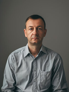 Capturing the subtle intensity of a middle-aged man, this image features him in a grey button-down shirt with a neutral expression
