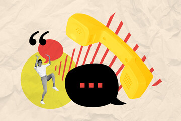 Composite photo collage of young happy girl jump telephone conversation tube textbox ellipsis...