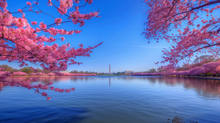 Washington Monument Amidst Peak Bloom Cherry Blossoms - obrazy, fototapety, plakaty