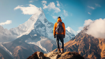 Hiker Overlooking Annapurna Range from High Vantage Point - obrazy, fototapety, plakaty