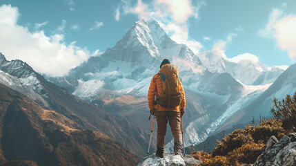 Hiker Overlooking Annapurna Range from High Vantage Point - obrazy, fototapety, plakaty