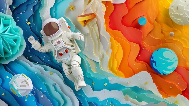 Detailed paper art scene with an origami rocket and astronaut exploring the cosmos, colorful nebulas and celestial bodies shining