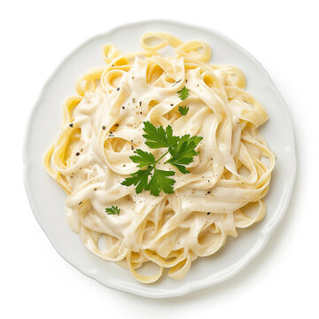 Fettuccine Alfredo on isolated white background, top view