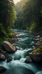 Photo real with nature theme for River Serpentine concept as A winding river cutting through dense forests and rocky landscapes  ,Full depth of field, clean light, high quality ,include copy space, No