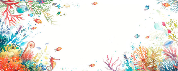 A colorful nautical frame underwater scene featuring a diverse range of corals and fish species. The corals form a vibrant backdrop, providing shelter and food for the various fish. Banner. Copy space