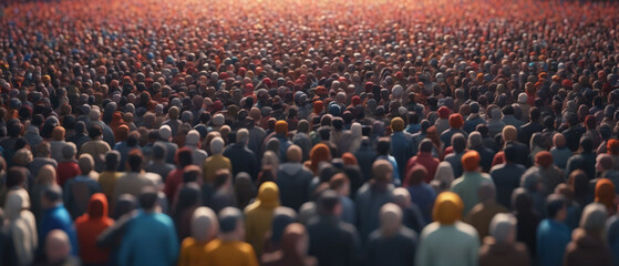 Crowd of people captured from a bird's eye view, all facing away from the camera. Human figures.

