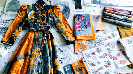 Fashion Design Sketches and Colorful Fabric Patterns.