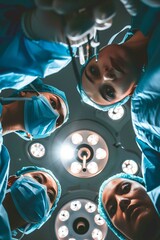 Low angle view of three surgeons under surgery lights in operating theatre