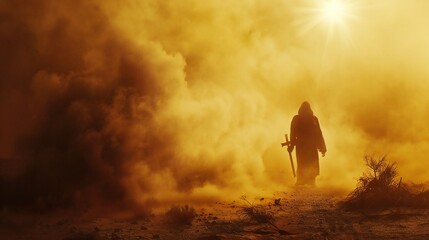 Jesus in Dust Storm with Sunlight - obrazy, fototapety, plakaty