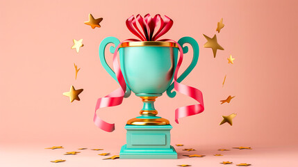 Fototapeta premium Stylized Trophy with Pink Ribbon on Teal Background.