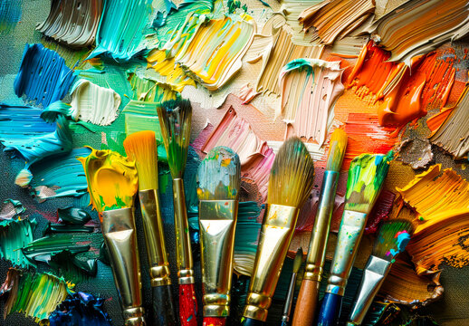 Vibrant Paint Brushes on a Colorful Palette.