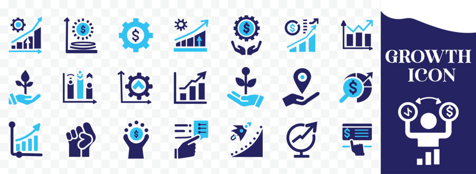 Growth icon set with performance, gain, improvement, grow, chart, increase, evolution, and development icons