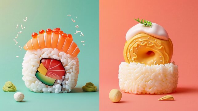 Playful sushi and breadthemed art toys, creating a delightful visual feast on random colored backgrounds