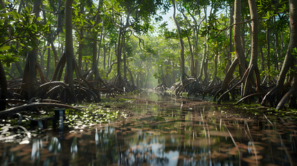 A dense mangrove forest teeming with life, acting as a vital buffer against coastal erosion and storm surges