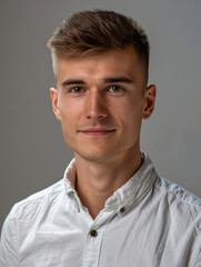 Obraz premium A professional portrait of a smiling young man with neat hair, wearing a crisp white shirt against a grey background