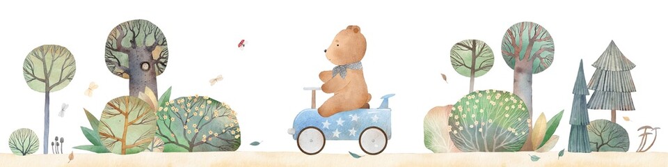 Bear rides in a blue retro car. Watercolor illustration. Children's decor. Landscape with car and flower bushes.