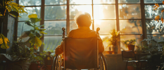 Wheelchair, elderly and senior looking out of window. Woman, female and pensioner in the living room with sunset backdrop. Sadness, longing and depressed for mental health, reminiscing and background