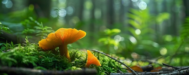chanterelle mushroom in green moss on blurred forest background. mushroom hunting