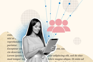 Creative collage photo young smiling girl browse tablet device social network profile avatars online communication drawing background