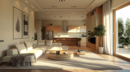 Fototapeta na wymiar Sunlit Modern Living Room with Open Kitchen 