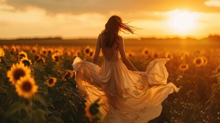 Woman in a flowing dress, standing amidst sunflowers during sunset