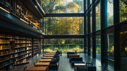 Contemporary Reading Room with Natural Light and Forest View