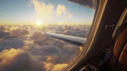 A private jet, with a dazzling view of the sunkissed clouds.