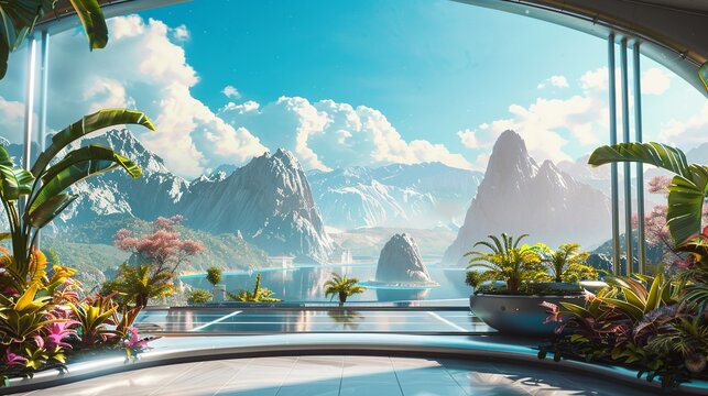 Futurisitic empty stage overlooking amazing view in the year 2300, bright sunny day with plants and tech in surrounding area
