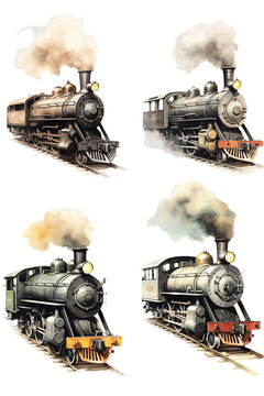 Collection of Antique steam locomotives depicted in fine watercolor details