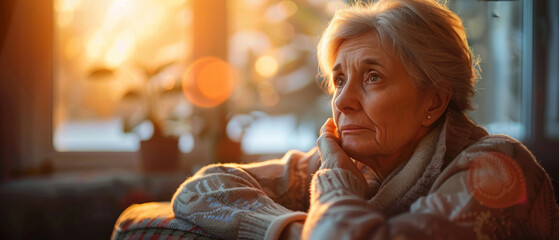 Thoughtful, elderly and woman looking sad. Portrait, senior and mental health concept in the living room. Reflecting, depressed and looking. Background for mental health and reminiscing about past - obrazy, fototapety, plakaty