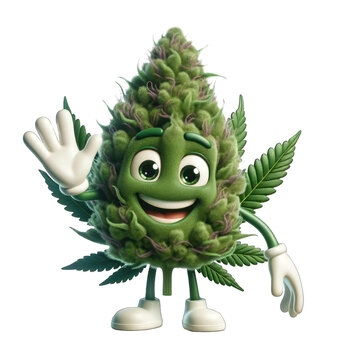 Cannabis cute character flowering bud waving hello. Cartoonish marijuana hemp leaf bud isolated on white transparent background. Good for stickers or t-shirt design
