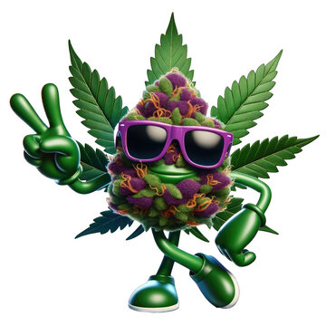 Cannabis funny cute character. Cartoonish marijuana purple hemp bud isolated on white transparent background. Good for stickers or t-shirt design