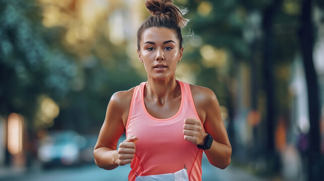 Young woman in sportswear running outdoors, wearing a smartwatch on her wrist, with a focused and determined facial expression