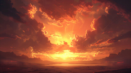 A dramatic sunset painting the sky in hues of orange and pink over a tranquil countryside - obrazy, fototapety, plakaty