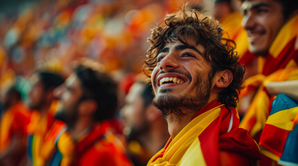 Passionate male soccer fan cheers at crowded sports stadium event, wearing national colors with pride.