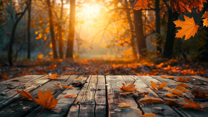 Naklejka na ściany i meble Enchanted Autumn: Wooden Table with Orange Leaves at Forest Sunset