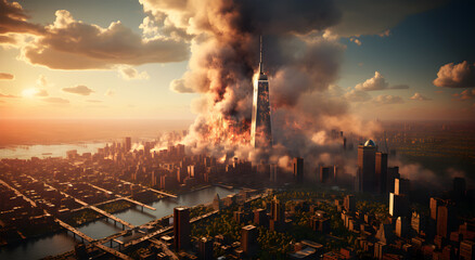 View of the destruction of the Twin Towers in a city - obrazy, fototapety, plakaty