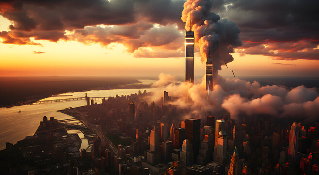 View of the destruction of the Twin Towers in a city
