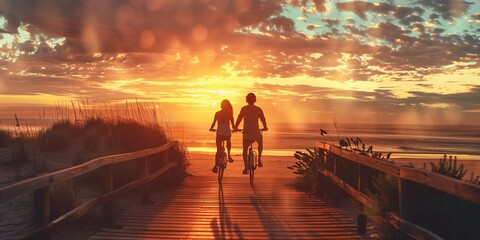Beautiful Couple on bicycles on sunset