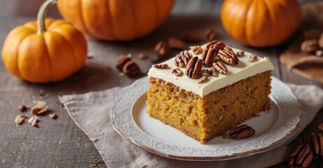 A slice of pumpkin and nut pie on a white plate. Rustic wooden background with pumpkins and pecan nuts. Close-up. The food concept for a banner, flyer, poster, presentation.
