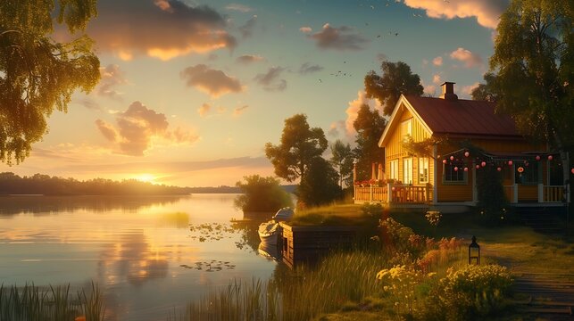 an AI image that encapsulates the magic of a Swedish midsummer evening, with a beautiful sunset, a yellow Swedish house, a serene lake, and a festive countryside party