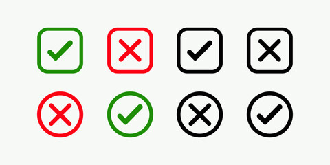 Check mark and X mark icon. Checkmark and x mark icon for apps and websites. Green and red check mark vector icons