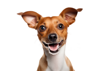 Cute fluffy portrait smile Puppy dog Jack Russell Terrier that looking at camera isolated on clear png background, funny moment, lovely dog, pet concept.
