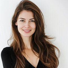 Naklejka premium headshot photograph of a smiling woman with long, flowy hair. The background of the photo is white, and she is isolated in the shot.